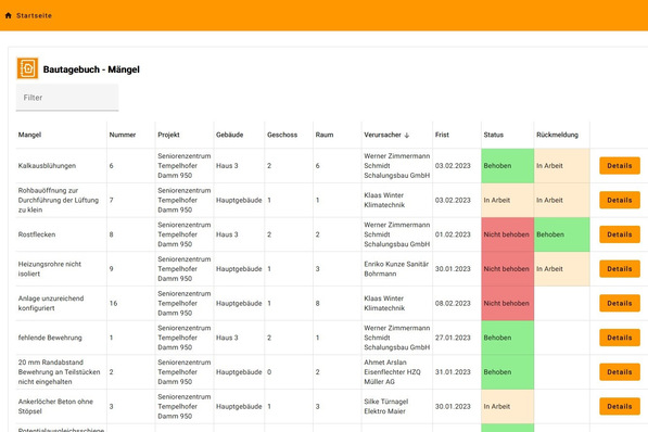 Weise Software: Bautagebuch-Modul „Mängelmanagement Web“.