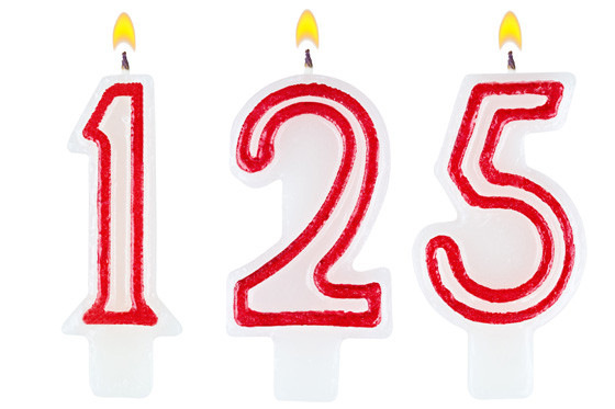 candles number one hundred twenty five isolated on white background