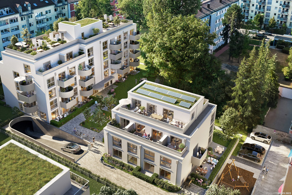 Visualisierung der Wohnanlage in der Marbachstraße 9 in München.