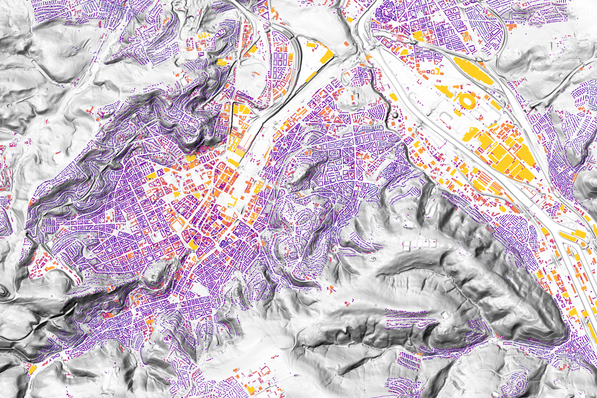 Der Kartenausschnitt zeigt das Solardach-Potenzial für Stuttgart. Gelb bedeutet, dass die Eignung für eine solare Energiegewinnung hoch ist. Abgestuft repräsentiert Dunkelblau ein niedrigeres Potenzial.
