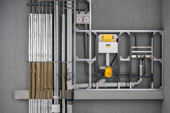 Viega: Temponox-Installationen können mit Mineralwolle gedämmt auf Nullabstand abnahmesicher durch horizontale oder vertikale Brandabschnitte geführt werden.