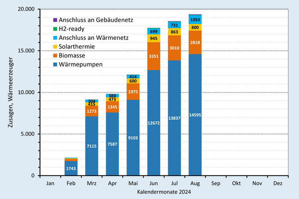 Zusagen (monatlich) bei der BEG-Heizungsförderung nach Wärmeerzeugern bis Ende August 2024.