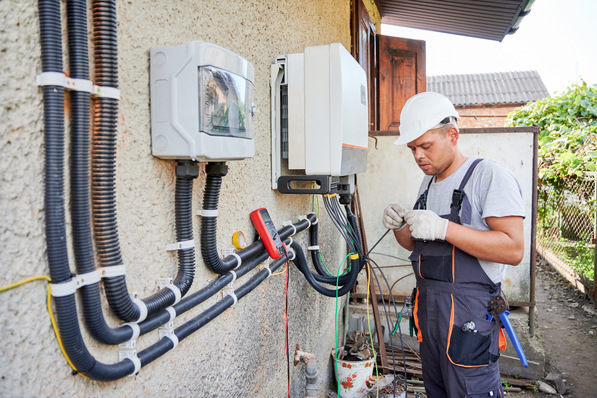 Alt-Text: „Elektroingenieur in Schutzkleidung optimiert die Verkabelung an moderne, intelligente Energiemanagement-Panels im Rahmen eines digitalisierten Gebäudetechnologieprojekts. - © anatoliy_gleb - stock.adobe.com