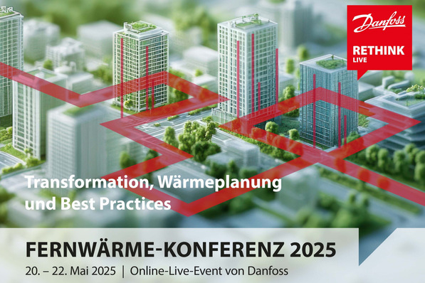 Digitale Gebäudeumgebung mit hervorgehobenen Netzwerken zur Förderung von intelligentem Energiemanagement und dezentraler Energieerzeugung, abgebildet für die Ankündigung der Fernwärme-Konferenz 2025 von Danfoss, 20.-22. Mai 2025. - © Danfoss