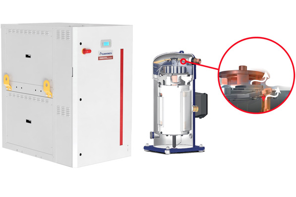 Mitsubishi Electric: Wasser/Wasser-Wärmepumpe NX2-W-G06-H und Scroll-Verdichter mit IDV-Mitteldruckventil.