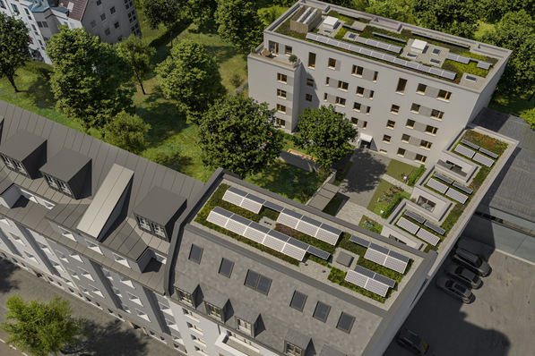 Rundum-Energiewende in der Neusser Straße in Köln-Nippes. Visualisierung aus der Vogelperspektive.