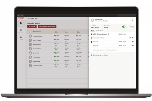 Hilti: CrewCenter, Ansicht Genehmigung und Exportfunktion.