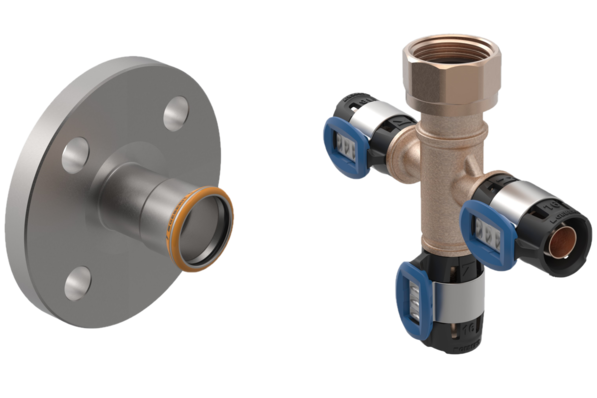 Optimierter Alt-Text: „Zwei metallene Rohrleitungsarmaturen für die Gebäudeversorgungstechnik auf weißem Hintergrund; links eine Flanschverbindung, rechts ein Verteiler mit drei Ventilgriffen – geeignet für den Einsatz in digitalen und elektrifizierten Gebäudesystemen.“ Begründung: - Fachbegrifflichkeit (Rohrleitungsarmaturen, Flanschverbindung, Verteiler) spricht die Zielgruppe spezifisch an. - Verbindung zu Themen Digitalisierung/Energie durch Hinweis auf Einsetzbarkeit in digitale/elektrifizierte Systeme. - Klar und beschreibend, ohne unnötige Details oder Wertungen. - © Geberit