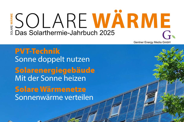 Gern! Hier ist ein optimierter, themenrelevanter Alt-Text für das genannte Bild auf tga-fachplaner.de: „Titelbild der Fachpublikation ‚Solare Wärme‘ 2025: Gebäude mit integrierten Photovoltaikmodulen, visualisierte Energiemanagement-Lösungen und Übersicht zu Artikeln über Digitalisierung, intelligente Steuerungstechnik und dezentrale Energiesysteme.“. - © Gentner Energy Media