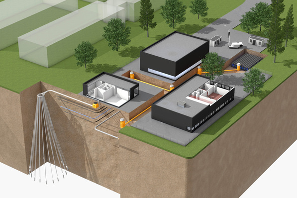 Das Prinzip der Schrägbohrtechnik: Von einem zentralen Ansatzpunkt werden Bohrungen in einem Winkel von 10° abgeteuft.