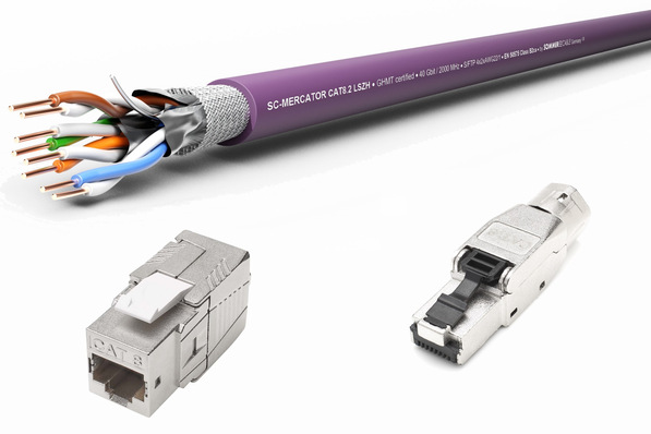 Sommer cable: SC-Mercator CAT8.2 sowie Kabelstecker RJ45CF8XL und RJ45C8XL.