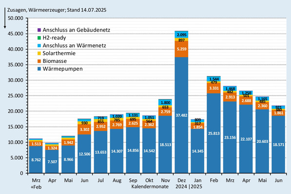 Zusagen (monatlich) bei der BEG-Heizungsförderung nach Wärmeerzeugern bis Ende Juni 2025.