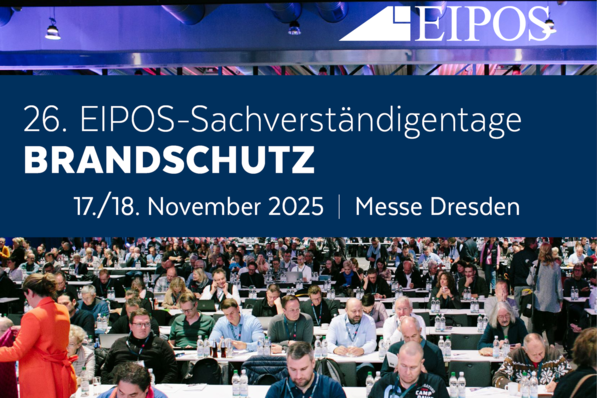 Eine große Konferenz mit vielen sitzenden Teilnehmern, die die 26. EIPOS-Brandschutzveranstaltung in Dresden, 2025, zeigt. - © EIPOS