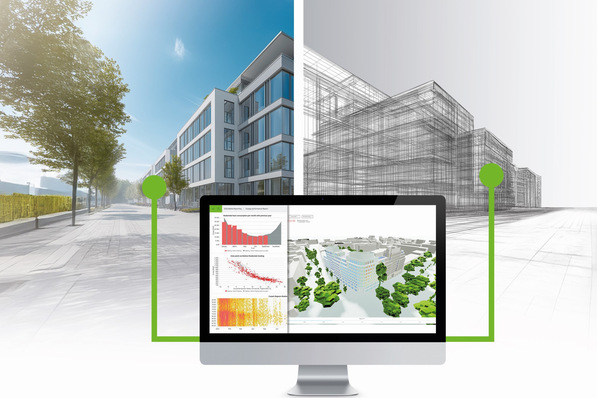 Bild 1 Mit nur wenigen Daten können Gebäude schon sehr früh im Planungsprozess über einen digitalen Zwilling realitätsnah simuliert und mithilfe von Analysen und Prognosen optimal gestaltet werden. Im realen Betrieb kann der digitale Zwilling vorausschauende Regelstrategien liefern und Optimierungspotenziale aufzeigen.