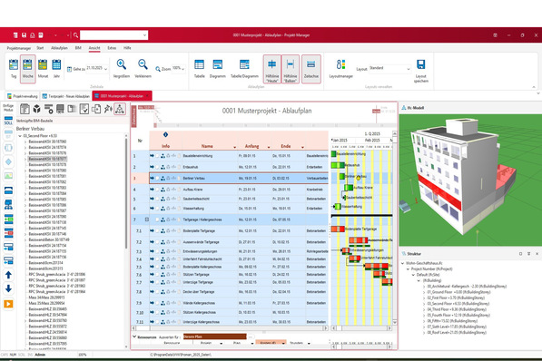 Weise Software: Werden BIM-Bauteile oder Gruppen im Projekt-Manager 2025 mit Vorgängen verknüpft, lassen sich Abläufe und Abhängigkeiten anschaulich visualisieren.