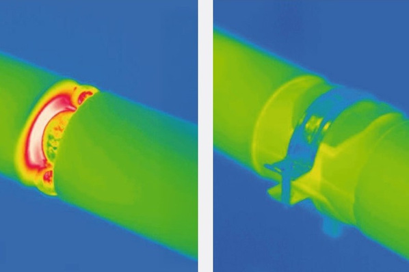Bild 1 Links macht die thermografische Aufnahme vermeidbare Wärmeverluste an einer ungedämmten Aufhängung sichtbar. Rechts zeigt die wärmebrückenfreie Ausführung mit einem ArmaFix-Kälterohrträger eine normgerechte Aufhängung für kaltgehende Leitungen.