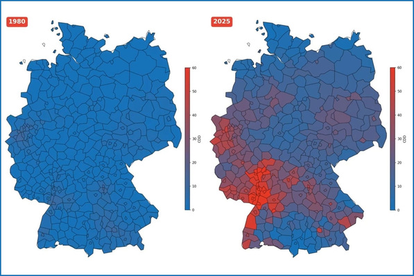 Der Techem Hitzeatlas Deutschland zeigt auf Stadt- und Bundesland-Ebene, welche Regionen aktuell besonders stark von Hitze betroffen sind und wo die Temperaturen in den vergangenen Jahrzehnten am deutlichsten gestiegen sind.