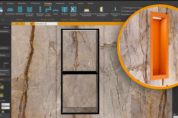 Integration eines Nischen-Sets aus KERDI-BOARD mit LIPROTEC-LED-Technik in Palette CAD.