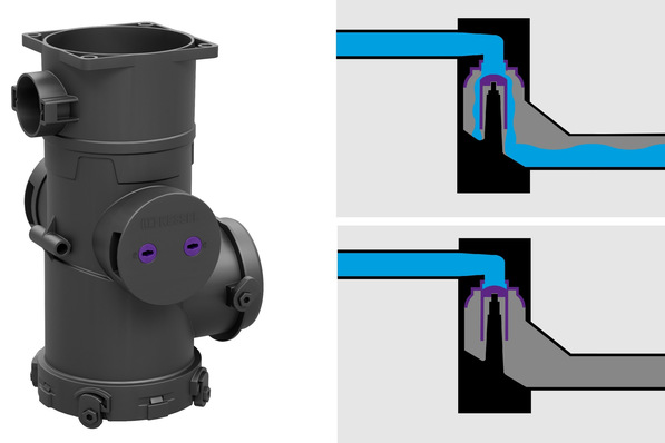 Kessel: Der Systemtrenner CleverLoop besitzt einen selbsttätigen Verschluss, der bei Pumpenbetrieb automatisch öffnet (rechts, oben) und nach dem Pumpvorgang wieder schließt (rechts, unten).