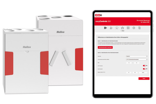 Helios: „KWL … W CF“-Lüftungsgeräte und der Inbetriebnahme-Assistent von Helios easyControls 3.0.