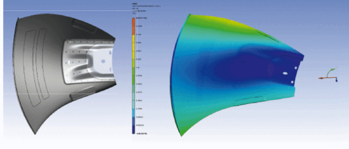 Bild 1 Prinzipieller Aufbau der HyBlade-Schaufeln: Eine Trägerstruktur aus einer hochfesten, korrosionsbeständigen Aluminiumlegierung ist mit einem Mantel aus glasfaserverstärktem Kunststoff umspritzt. Die FEM-Berechnung zeigt die geringe Verformung einer HyBlade-Schaufel im Betrieb.