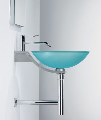 Glamü Wandbrunnen aus Schmelzglas, Durchmesser 400 mm, Aquamarin, Wandkonsole aus massivem Edelstahl, Ausführung Geschliffen.