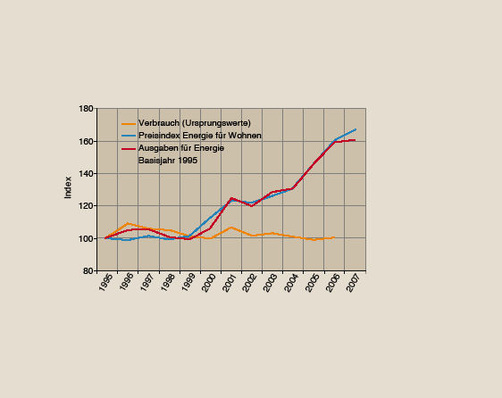 Bild 1 Private Hauhalte: Endenergieverbrauch, Preisindex Energie für Wohnen und Ausgaben Energie von 1995 bis 2006 bzw. bis 2007.