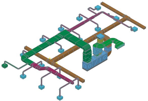 Ausführungsbeispiel einer RLT-Anlage (10000m³/h) mit Luftleitungen der Dichtheits-klasse C. Allein durch die geringeren Kosten für die Luftförderung amortisieren sich die Mehrkosten in drei bis vier Jahren.