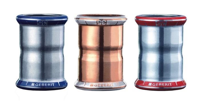 Geberit: Die Farbe des Pressindikators ermöglicht die eindeutige Identifizierung des Werkstoffs auf den ersten Blick (Blau: Edelstahl; Weiß: Kupfer; Rot: C-Stahl).