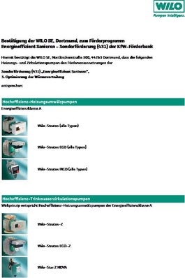 Bestätigung von Wilo zum KfW-Förderprogramm Energieeffizient Sanieren — Sonderförderung (431) für Zirkulationspumpen.