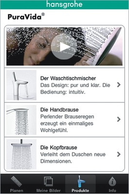 Hansgrohe-App Hansgrohe@home zur virtuellen Platzierung von PuraVidaArmaturen auf vorhandenen Waschplätzen.