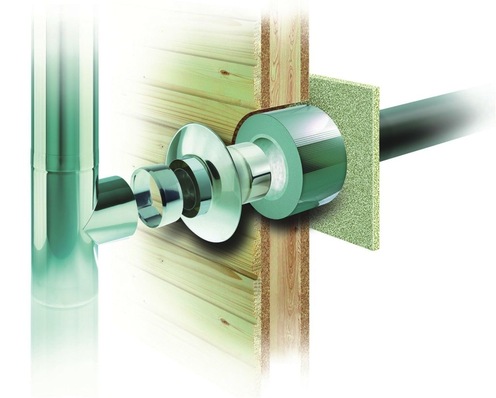 Die schlanke Wand-, Decken- und Dachdurchführung von Schräder sorgt für die Einhaltung des Mindestabstandes zu brennbaren Bauteilen.