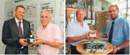 Linkes Bild: Als passionierter Mountainbike-Fahrer in den Alpen freute sich TGA-Planer Klaus Brosam (rechts) besonders über den „Polar“-Höhenmesser, der ihm vom Viega-Planerberater Sven Teich überreicht wurde. Rechtes Bild: Bosold-Prokurist Bernd Pappert (links) findet den Weg zu neuen Kunden mit dem von Viega-Verkaufsberater Wigbert Wiegand überreichten „TomTom“-Navigationsgerät künftig noch besser.