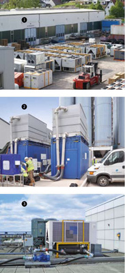 Abb. 1 Mit temporären Kältemodulen lässt sich die Ist-Situation im Bestand schnell optimieren. Abb. 2 Modulare Kühlturmsysteme ersetzen alte Kühltürme mit hohem Wasser- und Wartungs­bedarf. Abb. 3 Mit modernen Kaltwassersätzen, die man auch langfristig mieten kann, lässt sich der R22-Ausstieg leichter umsetzen.