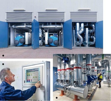 Abb. 1 Blick auf die Geothermie-Anlage im Mercedes-Benz Werk Rastatt mit zwei Wärmepumpen vom Typ Quantum B150. Abb. 2 Zentraler Bedienmonitor und Abb. 3 Hydraulikzentrale der neuen Geothermie-Anlage zum Heizen und Kühlen der 66000 m² großen Produktionshalle für den Karosserierohbau.