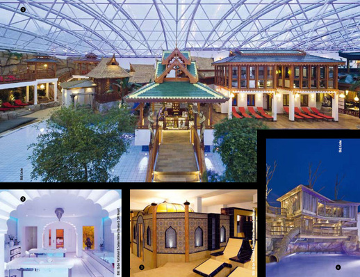 Sieben Welten Therme & SPA Resort. Abb. 1 Asien lädt zur Sinnesreise der Gelassenheit ein: Exotische Massagen, traumhafte Baderituale, märchenhafte Pflegezeremonien. Abb. 2 In der geheimnisvoll strahlenden Welt Indiens werden auch private SPA-Suiten für eine romantische Auszeit mit eigenem Kamin, privater Sauna oder Whirlpool angeboten. Abb. 3 In Arabien werden im Hamam-Tempel Leib und Sinne bei milder Wärme mit feinstem Seifenschaum vom “Wüstenstaub des Alltags“ befreit. Abb. 4 Die Baumhaussauna bietet einen wundervollen Panoramablick über die Badebuchten und die Gartenanlage Afrikas.