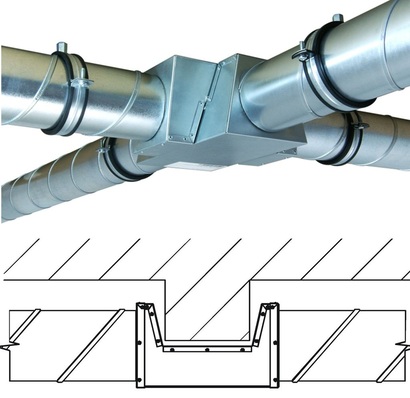 Anwendungsbeispiele für die VentiventKreuzungs­kanäle von ZLT. Oben: Kreuzung von Lüftungskanälen. Unten: Kreuzung von Lüftungskanal und Unterzug.