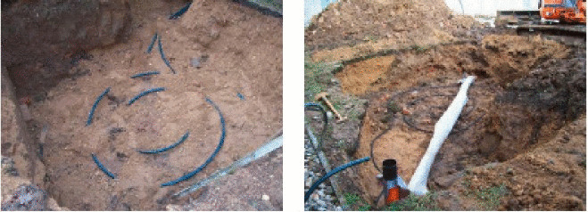 Abb. 1 Versuchsaufbau: Schneckenförmig angeordneter Erdreichwärmekollektor mit oberhalb angeordnetem Versickerungssystem zur Erhöhung des Poren­wassergehalts in der Sandbettung.