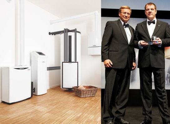 Das Mikro-Heizkraftwerk ecopower 1.0 ist Deutschlands nachhaltigstes Produkt 2011. Vaillant Group Chef Dr. Carsten Voigtländer (r.) präsentiert den Preis, der von NRW-Wirtschaftsminister Harry K. Voigtsberger (l.) übergeben wurde. (Quelle: Vaillant)