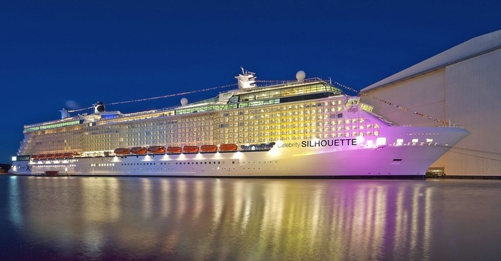 Abb. 1 Das 319 m lange Kreuzfahrtschiff Celebrity Silhouette auf dem Weg zum Emssperrwerk.