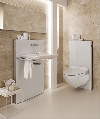 Neu zum Geberit Monolith für WC kommt jetzt das Sanitärmodul für den Waschtisch.