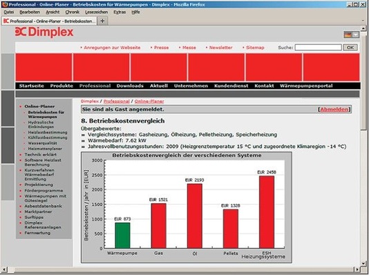 Dimplex: Online-Planer „Betriebskosten für Wärmepumpen“.