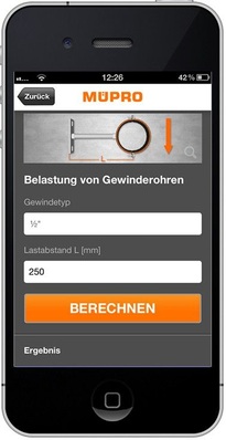 Zulässige Belastung von Gewinderohrhaltern mit der App „Müpro Tools“.