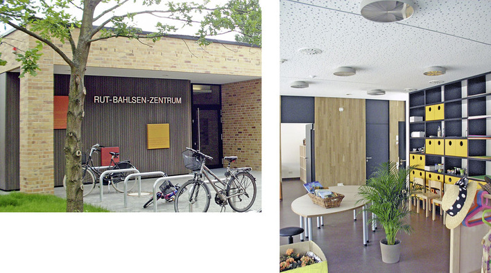 Abb. 1 Rut-Bahlsen-Zentrum: Eingangsbereich und Gruppenraum. Die Funktionen Heizen und Kühlen sind der Decke durch die Gipskarton­platten nicht anzusehen.