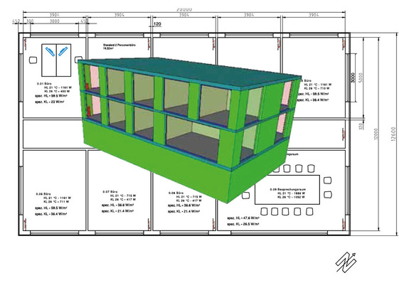 Abb. 1 Referenz-Bürogebäude zur vergleichenden Untersuchung von Betonkerntemperier-Systemen mit wasser- und mit luftführenden Leitungen.