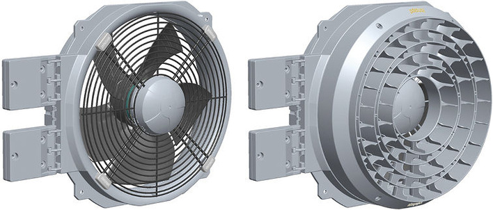 ebm-papst: AxiCool-Axialventilatoren mit Scharnierbefestigung und rechts mit Strömungsgleichrichter.