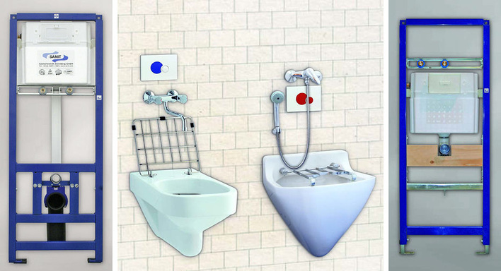 Sanit: Sonderelemente für Fäkal-Wandausgussbecken Espital von Keramag (links) und Bernina von Laufen (rechts).