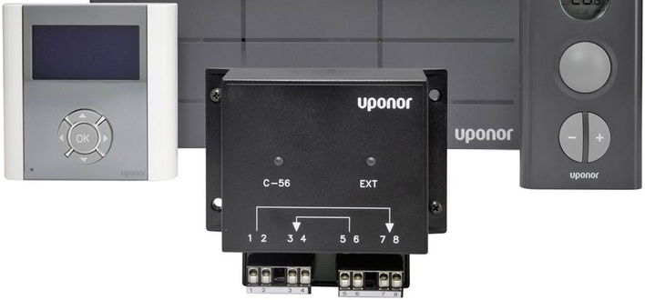 Uponor: Das DEM-WP-Modul (Mitte) ergänzt die Einzelraumregelung mit Dynamischem Energie-Management (DEM).