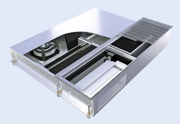Abb. 1 Das neue Fassadenlüftungsgerät FVPpulse der LTG wechselt zyklisch zwischen Zu- und Abluftbetrieb. Vorteile des Prinzips: Hohe Luftfördervolumina trotz des kleinen Gehäuses, effektive Wärmerück­gewinnung inklusive Vereisungsschutz, nur eine statt zwei Fassadenöffnungen und die Möglichkeit, ­Bürogebäude instationär zu lüften.