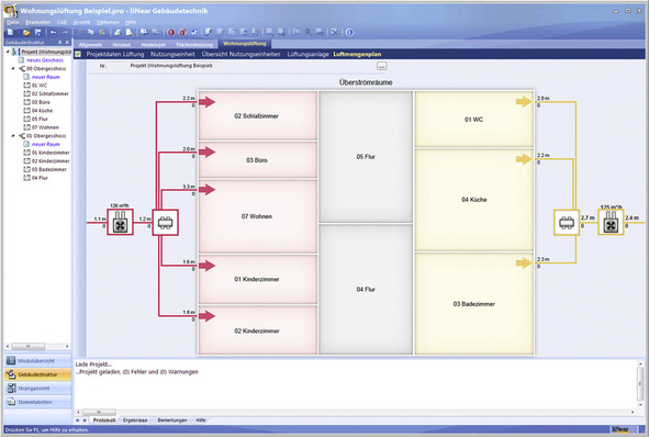 Ansicht des Luftmengenplans im Modul Wohnungslüftung von liNear Gebäudetechnik.